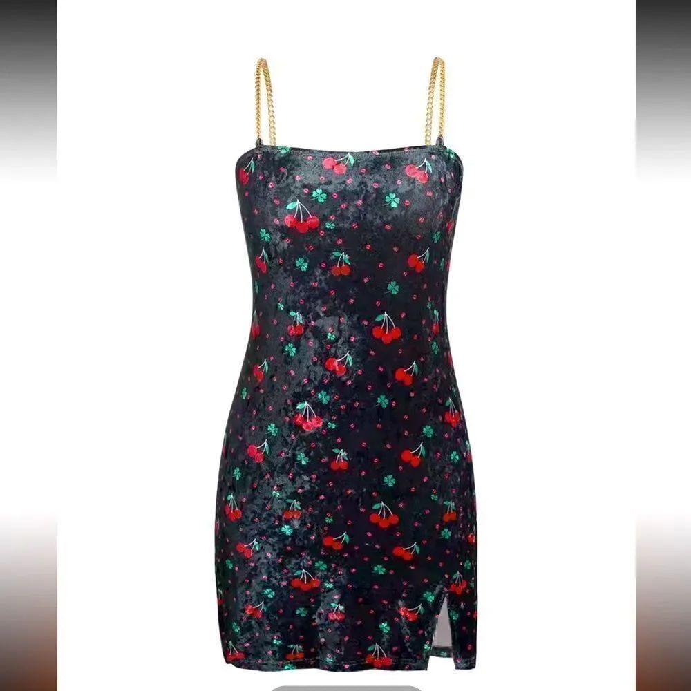 🍒🍒🍒Cherry print Velvet lightweight, high stretch chainlink strap dress says